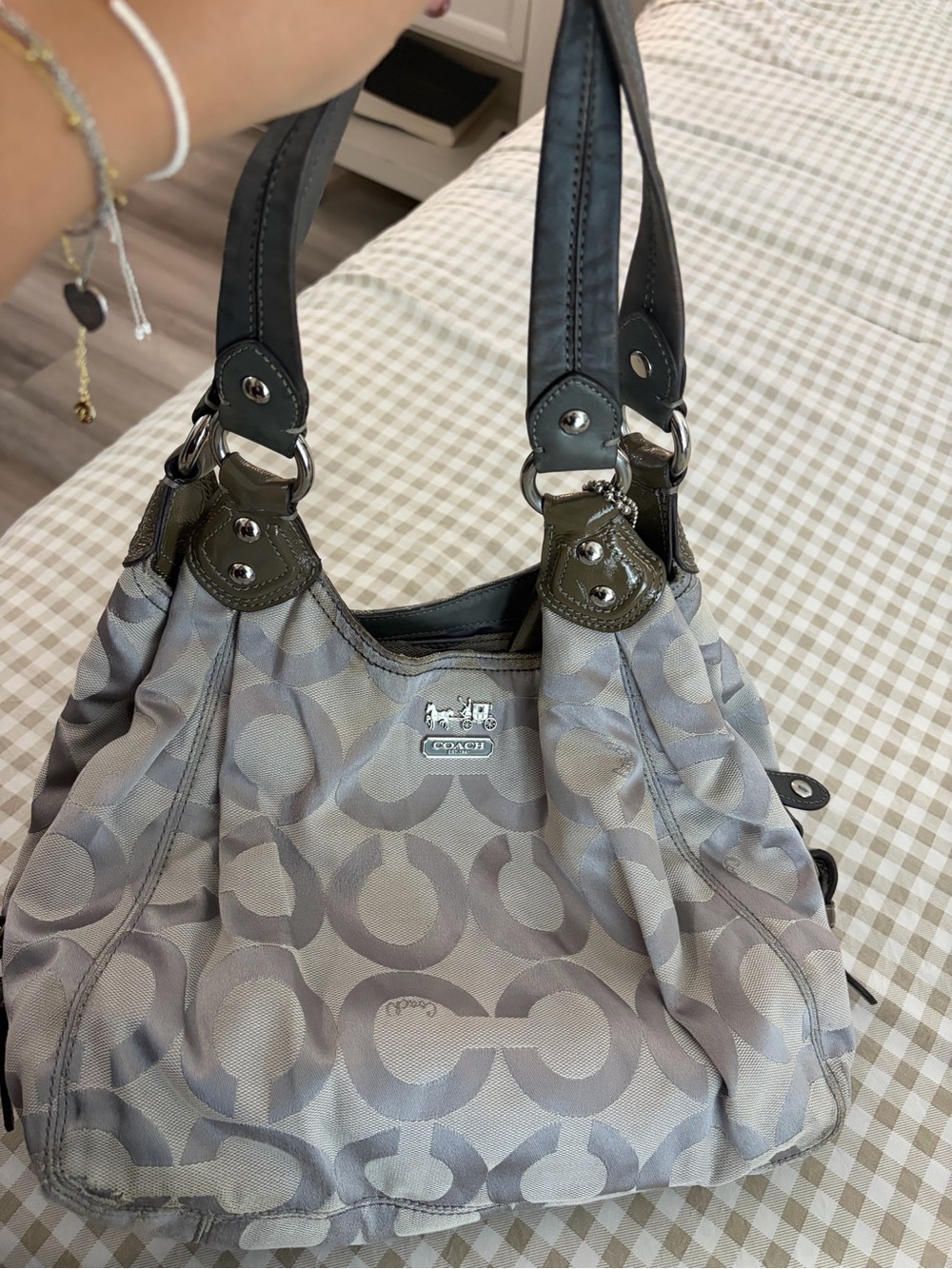 Coach Gray Signature Shoulder Bag with Dark Trim